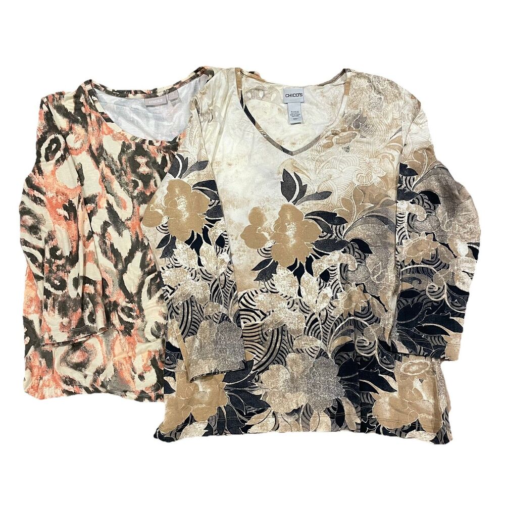 2-Chico’s Size 1  Print 3/4 Sleeve Stretch Knit Top Blouse